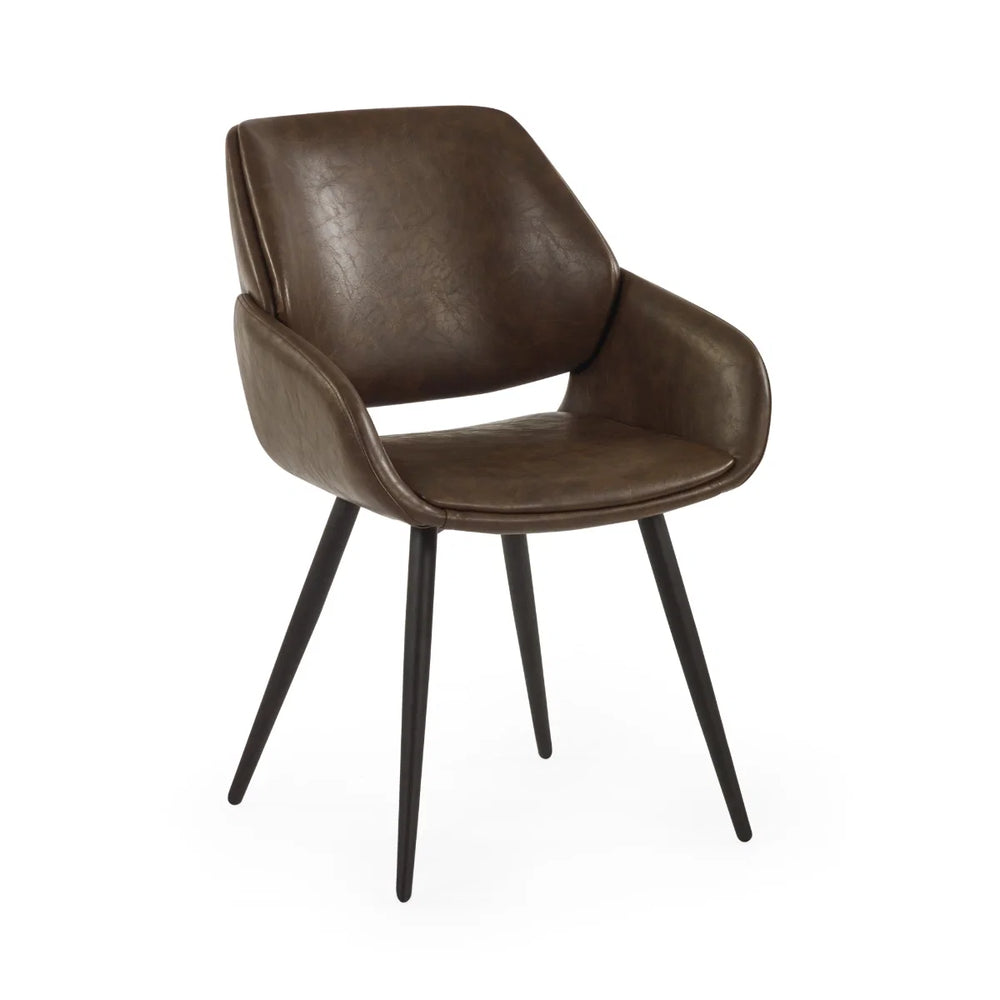 Brown leather armchair with black legs on a white background