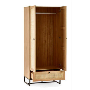 Wooden wardrobe with open doors on a white background