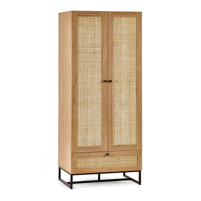 Wooden wardrobe with rattan doors on a white background