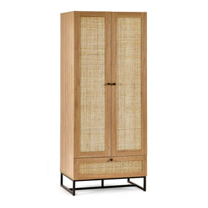 Wooden wardrobe with rattan doors on a white background
