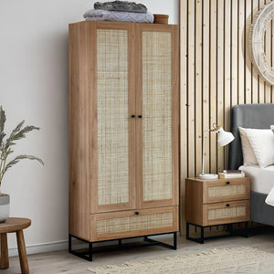 Wooden wardrobe with rattan doors in a bedroom setting