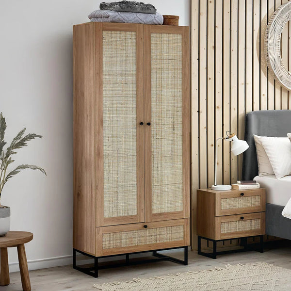 Wooden wardrobe with rattan doors in a bedroom setting