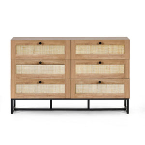 Wooden dresser with woven accents on a white background