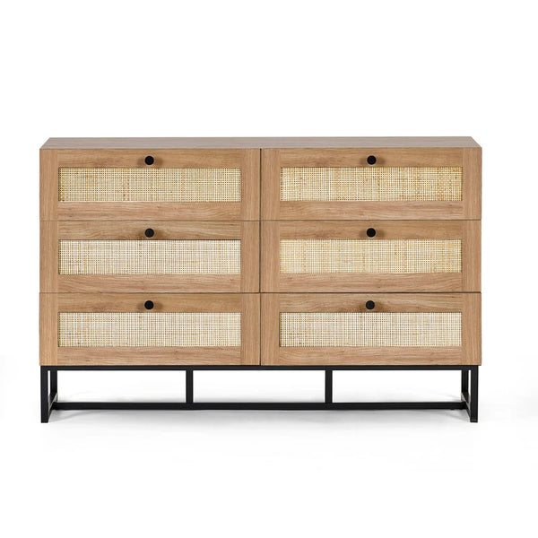 Wooden dresser with woven accents on a white background