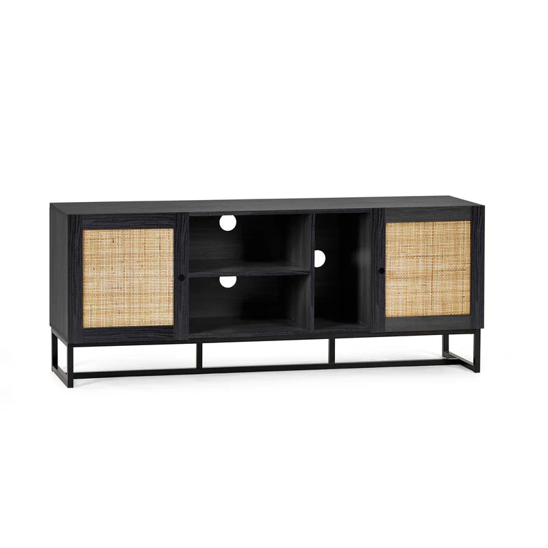 Black entertainment console with wicker doors on a white background