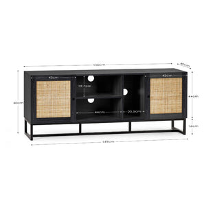Black TV stand with rattan doors and dimensions labeled on a white background