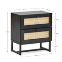 Black nightstand with rattan drawers and dimensions labeled