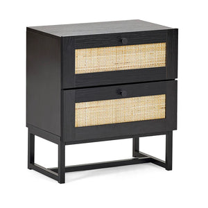 Black nightstand with rattan-like drawer fronts on a white background