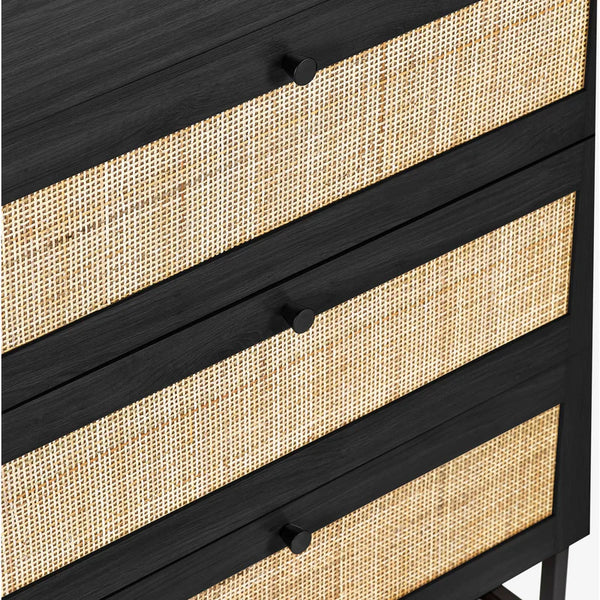 Black dresser with woven drawers