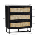 Black dresser with wicker drawers and dimensions on a white background