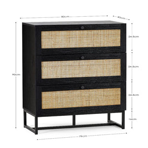 Black dresser with wicker drawers and dimensions on a white background