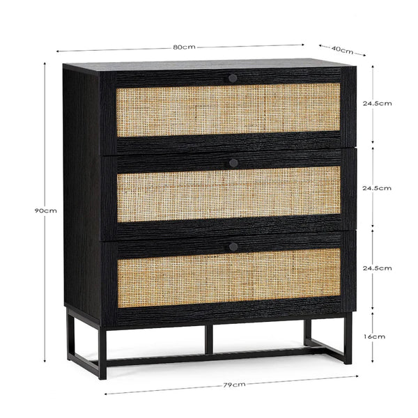 Black dresser with wicker drawers and dimensions on a white background