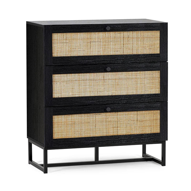 Black dresser with rattan drawers on a white background