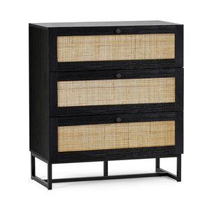 Black dresser with rattan drawers on a white background
