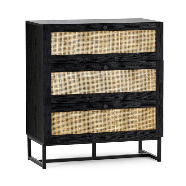 Black dresser with rattan drawers on a white background