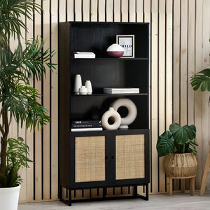 Black bookshelf with wicker doors in a room with plants and wooden walls