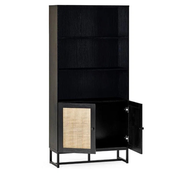 Black bookshelf with a wooden door on a white background