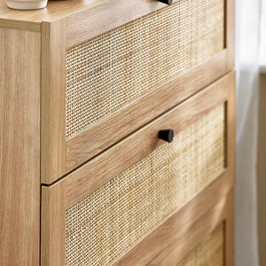 Wooden drawer with woven design and black handle