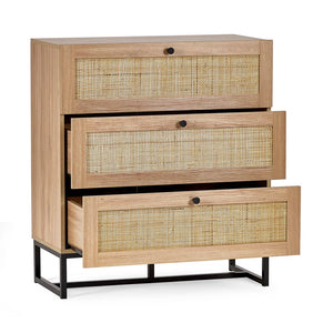 Wooden dresser with wicker front drawers on a white background