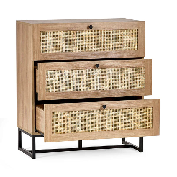 Wooden dresser with wicker front drawers on a white background