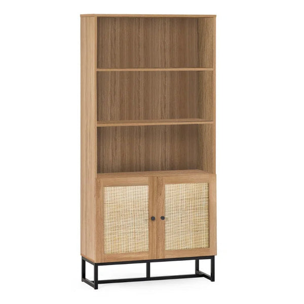 Wooden bookshelf with wicker doors on a white background