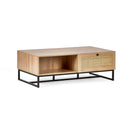 Wooden coffee table with metal legs on a white background