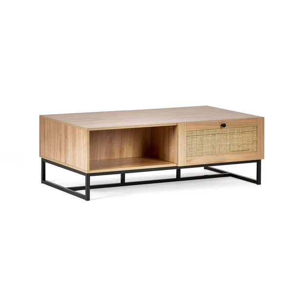 Wooden coffee table with metal legs on a white background