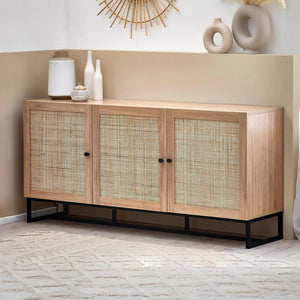 Wooden sideboard with wicker doors in a room setting
