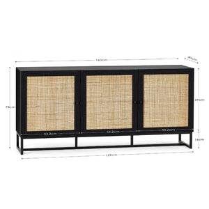 Black cabinet with rattan doors and dimensions on a white background