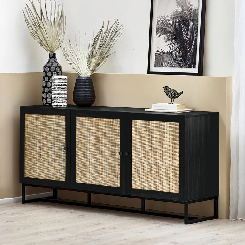 Black cabinet with rattan doors on a white background