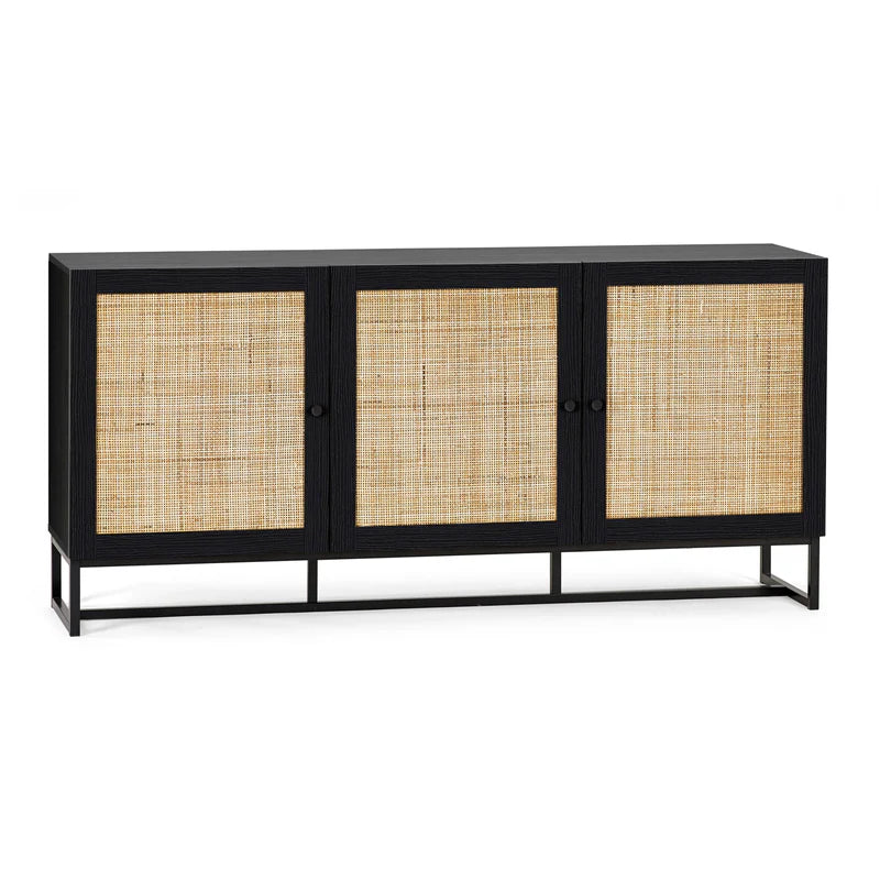 Black cabinet with rattan doors on a white background