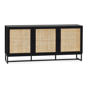 Black cabinet with rattan doors on a white background