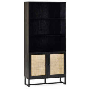 Black bookshelf with wicker doors on a white background