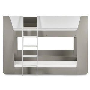 Gray and white bunk bed with ladder on a white background