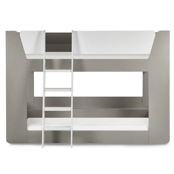 Gray and white bunk bed with ladder on a white background