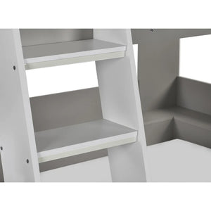 White bookshelf with two shelves against a white background