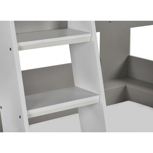 White bookshelf with two shelves against a white background