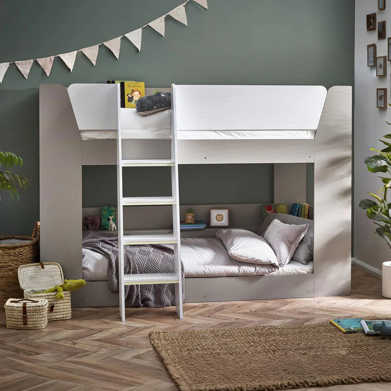 Gray and white bunk bed with ladder on a white background