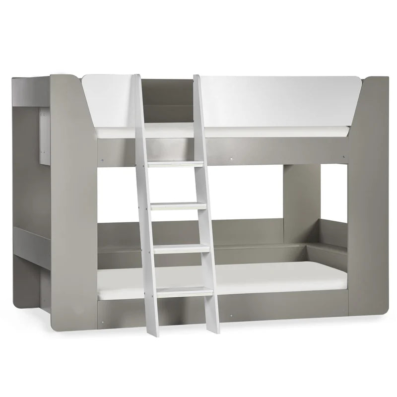 Gray and white bunk bed with ladder on a white background