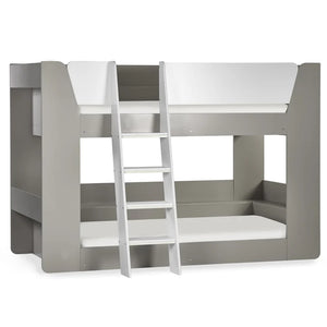 Gray and white bunk bed with ladder on a white background