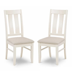 Two white chairs with beige seats on a white background