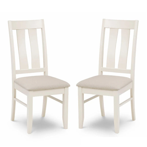 Two white chairs with beige seats on a white background