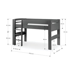 Gray children's bed with dimensions labeled on a white background