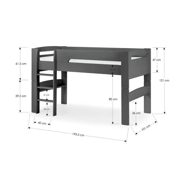 Gray children's bed with dimensions labeled on a white background