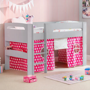 Children's room with a gray loft bed and pink star-patterned curtains.