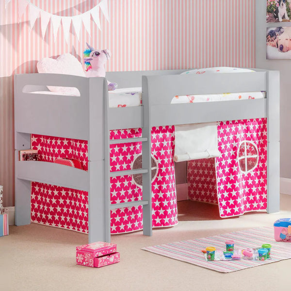 Children's room with a gray loft bed and pink star-patterned curtains.