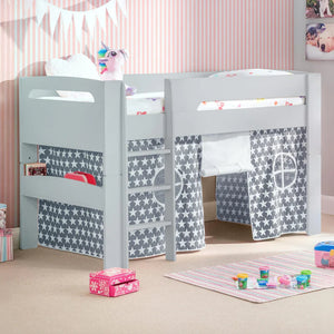 Children's room with a gray loft bed and star-patterned curtains.