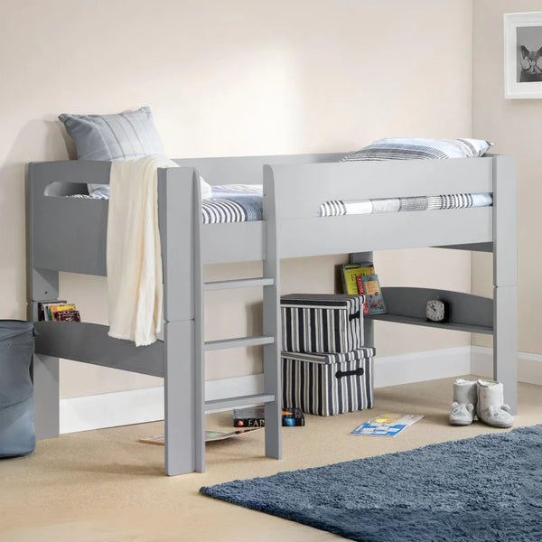 Gray children's bed with ladder in a room setting
