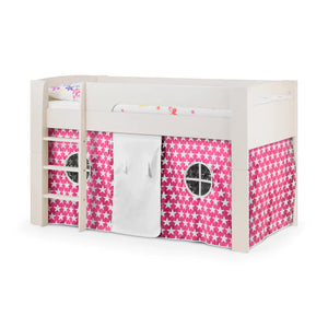 White children's bed with pink star-patterned curtains on a white background