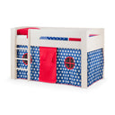 Children's bed with red and blue design on a white background
